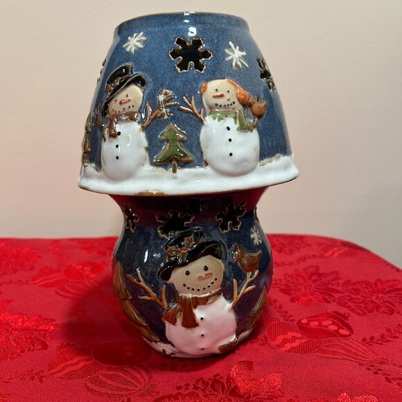 Linens-n-Things Snowman Snowflake Winter Scene Ceramic Votive Holder with Shade - Picture 1 of 8